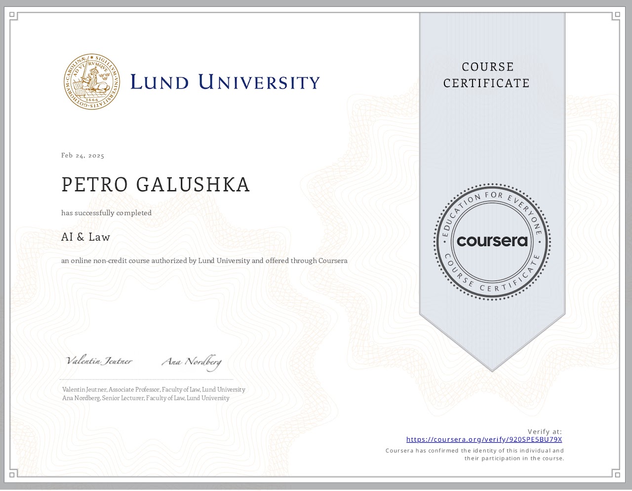 AI & Law — Lund University · Coursera